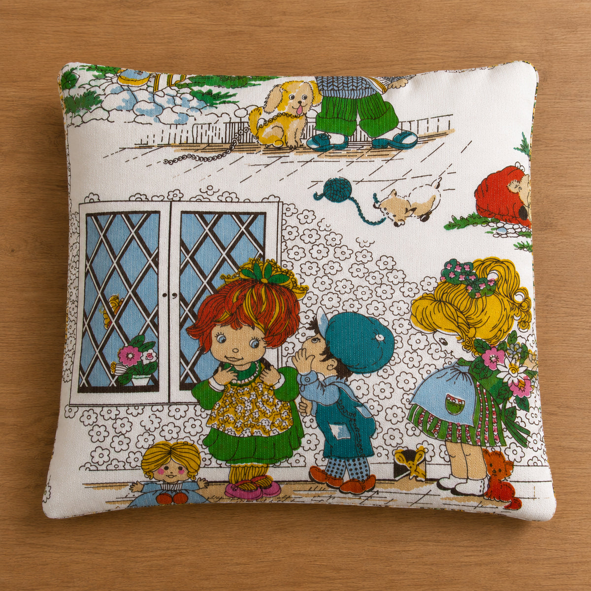 Pair of vintage handmade 1970s Holly Hobbie-style cushion covers, 15" x 15"