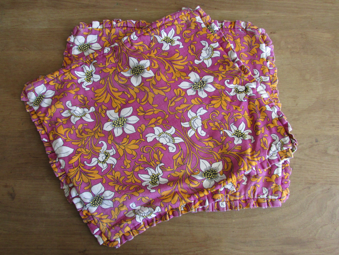 Pair of vintage pink & orange floral cushion covers with pleated trim