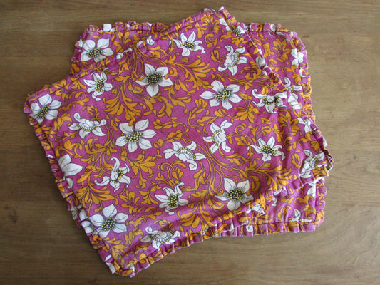 Pair of vintage pink & orange floral cushion covers with pleated trim