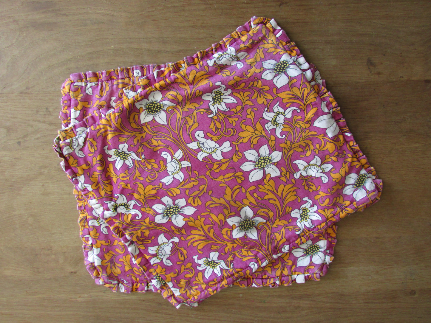 Pair of vintage pink & orange floral cushion covers with pleated trim