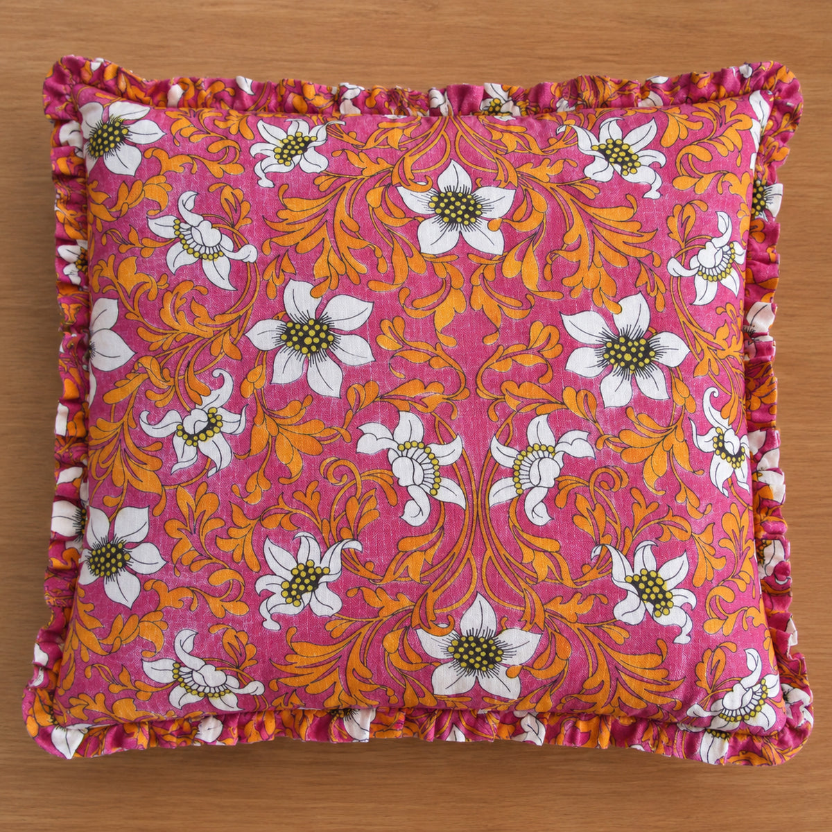 Pair of 1970s pink orange floral frilled cushion covers, 18" x 15"