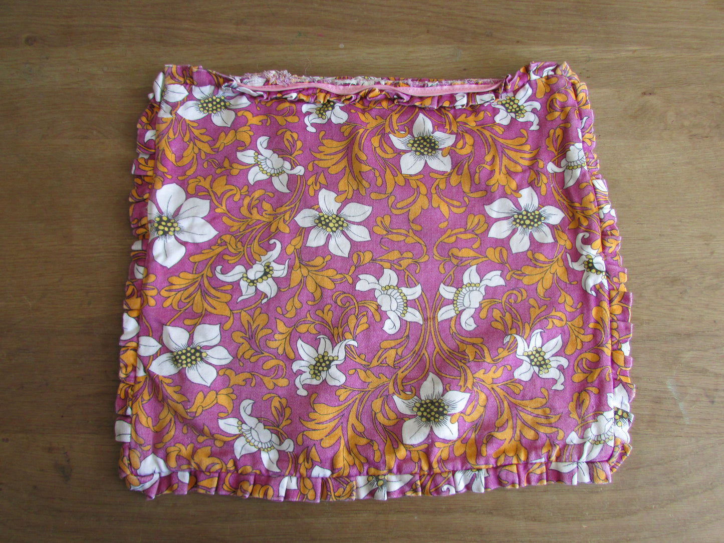 Pair of vintage pink & orange floral cushion covers with pleated trim
