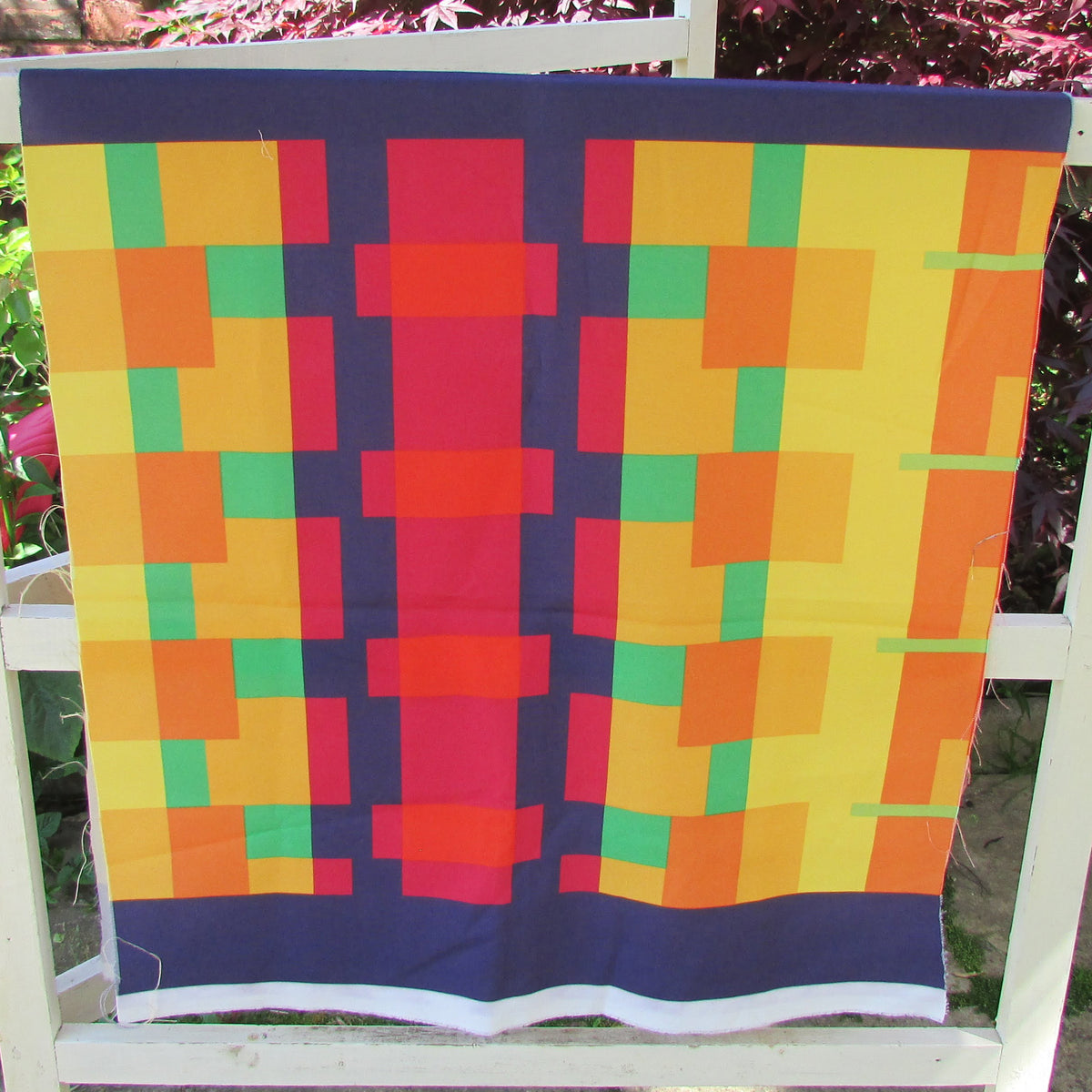 1960s/70s colourful geometric modernist fabric panel, 24" x 55"