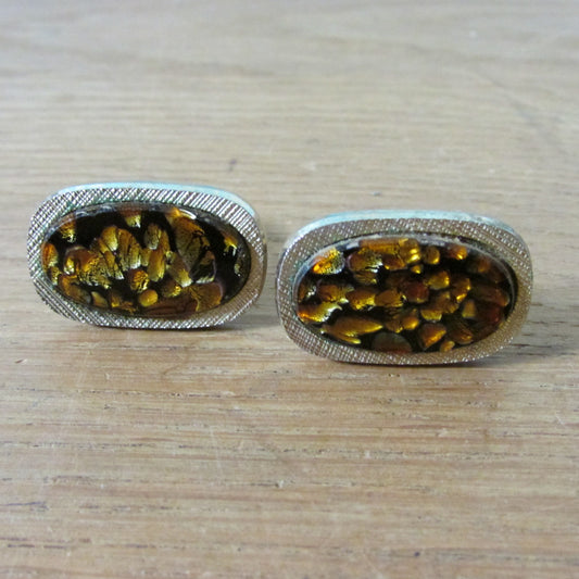 Vintage gold-tone flecked amber/gold glass cufflinks