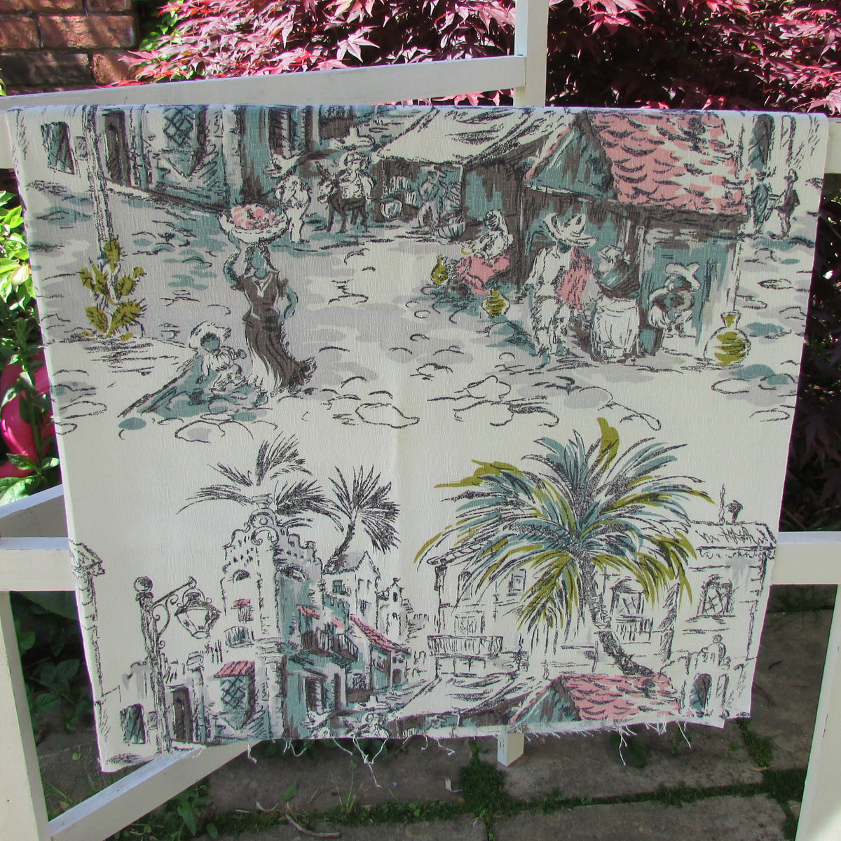 1950s 'Mexicana' scenic Mexican print fabric, 48" x 32"