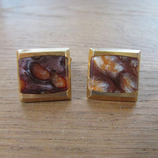 Vintage gold-tone & plastic orange/brown marbled square cufflinks