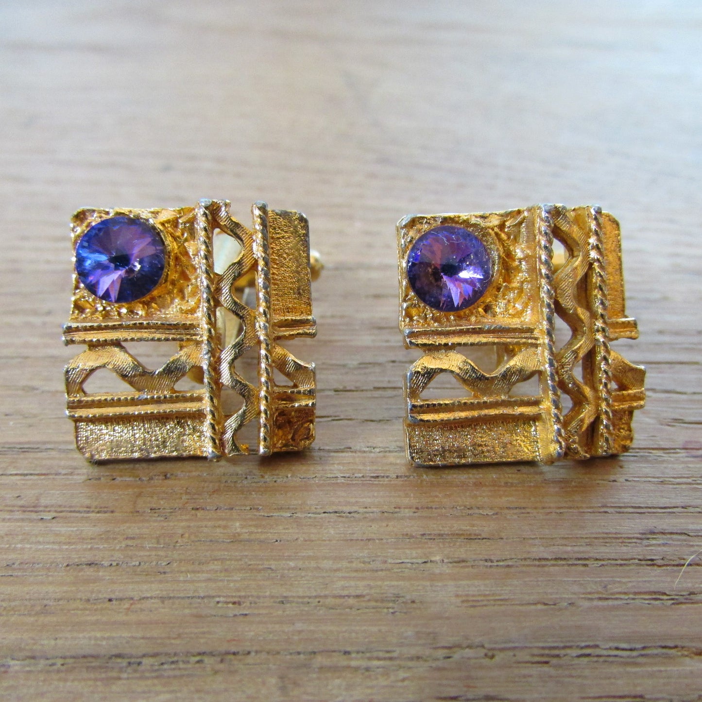 1960s Merlin diamond-cut gold-tone cufflinks with purple rhinestone detail