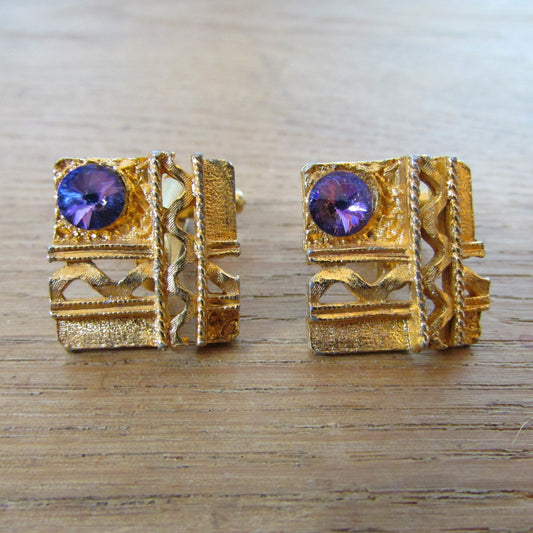 1960s Merlin diamond-cut gold-tone cufflinks with purple rhinestone detail