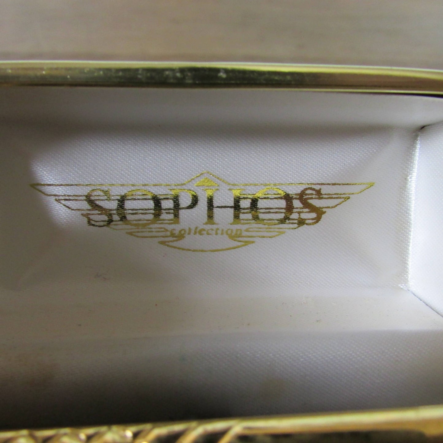 Vintage Sophos gold-tone tie clip in gold-coloured tin