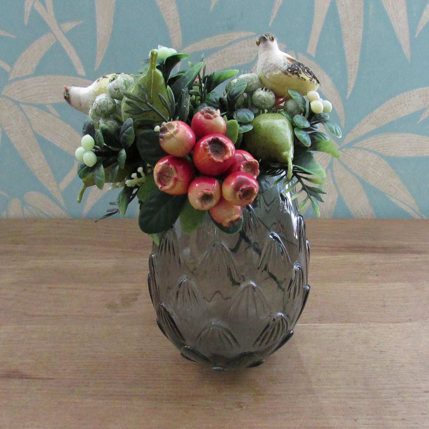 Two 1960s plastic partridges on pear tree branches, & red rosehip berry sprigs