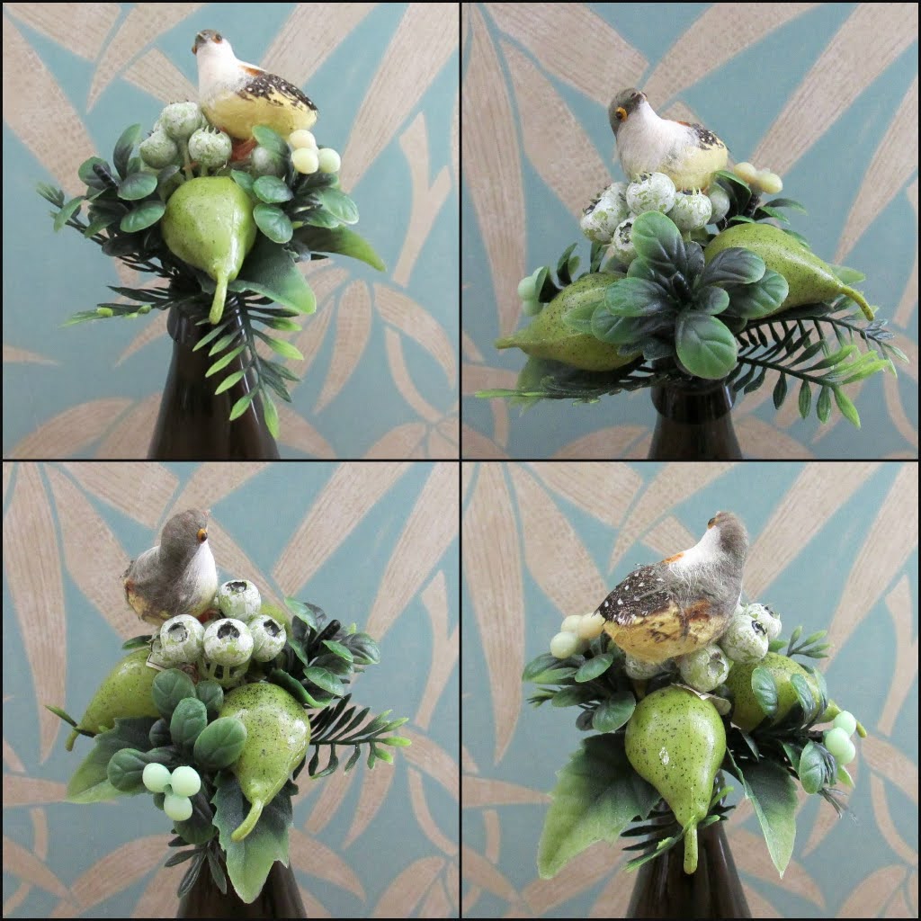 Two 1960s plastic partridges on pear tree branches, & red rosehip berry sprigs
