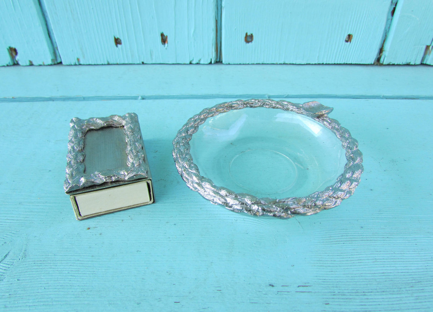 Vintage glass & silver-tone miniature ashtray, and matchbox holder