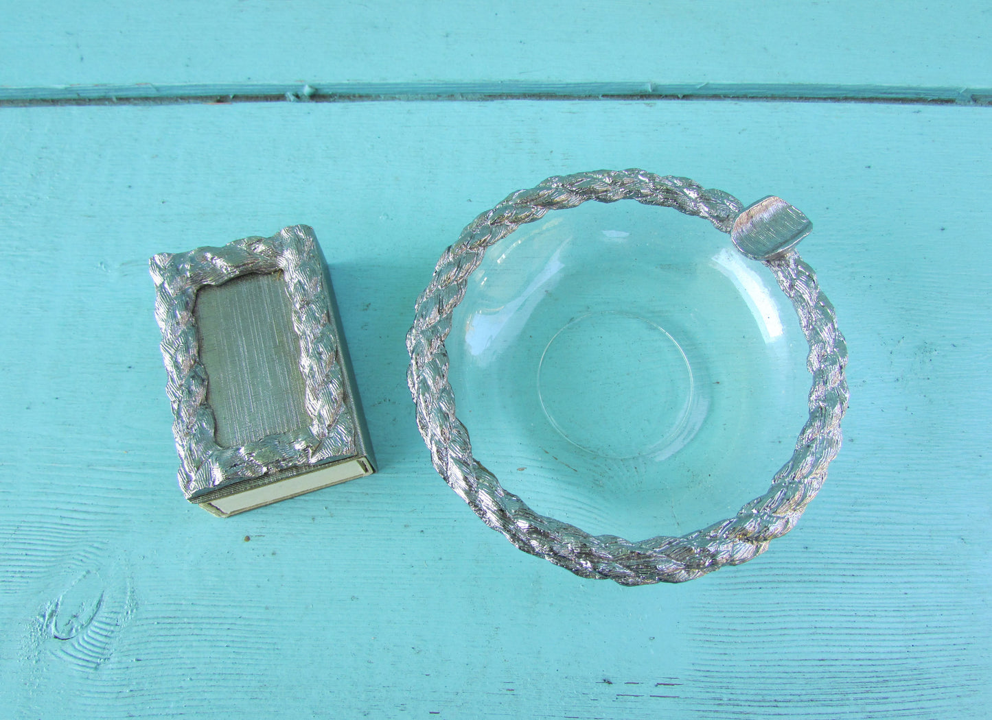 Vintage glass & silver-tone miniature ashtray, and matchbox holder