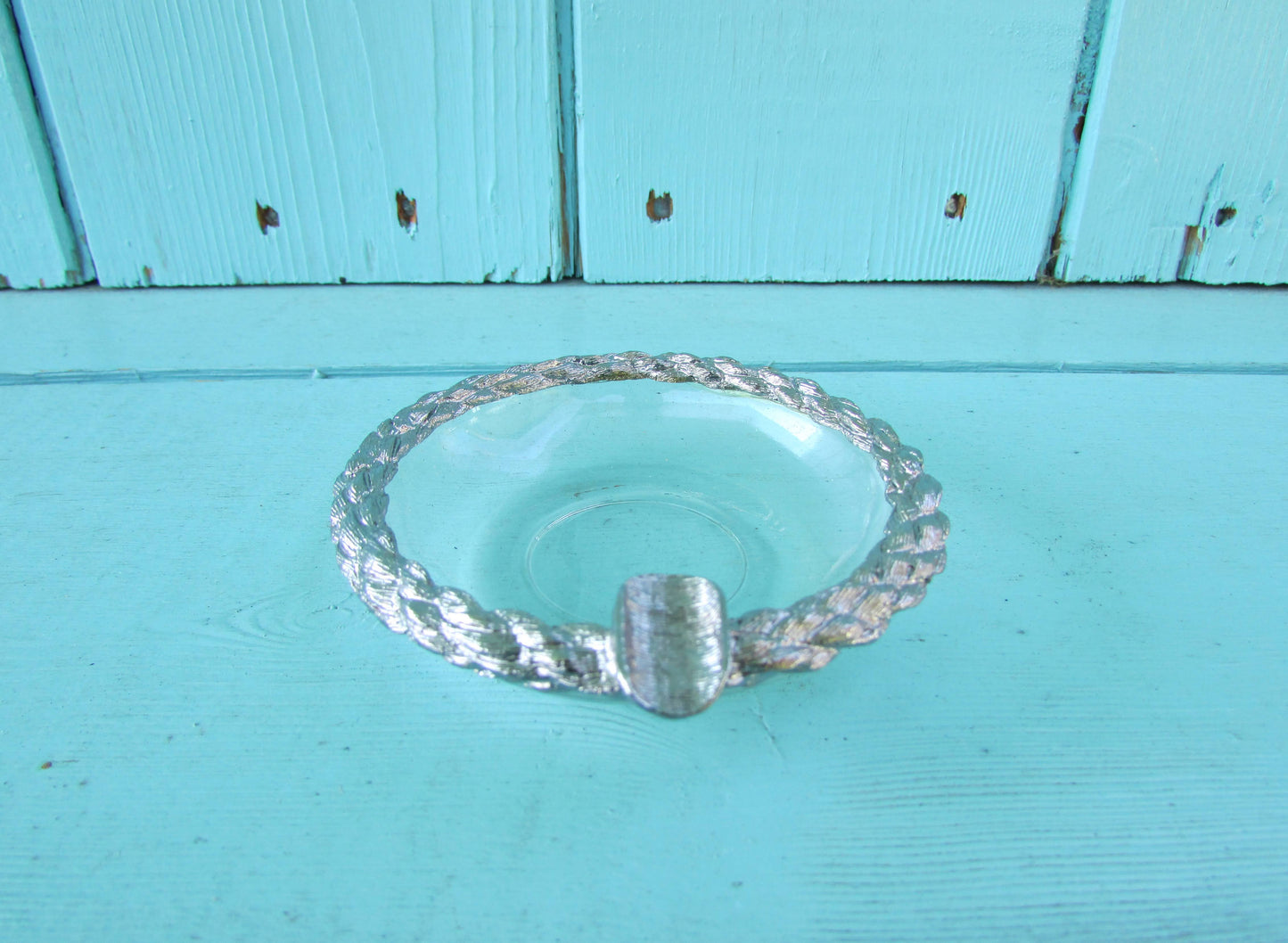 Vintage glass & silver-tone miniature ashtray, and matchbox holder
