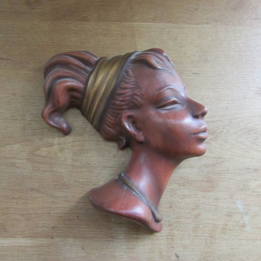 1960s Cortendorf 3440 girl with ponytail & gold headscarf ceramic wall mask/plaque, made in Western Germany