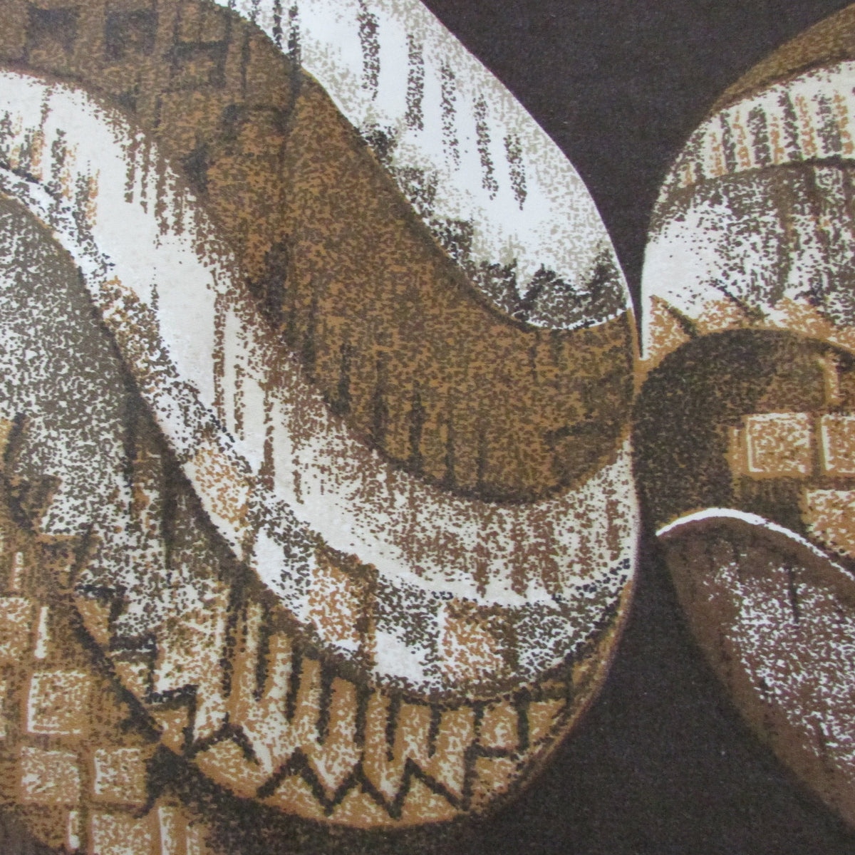 1960s brown & ochre geometric swirl roundel fabric, 46" x 82"