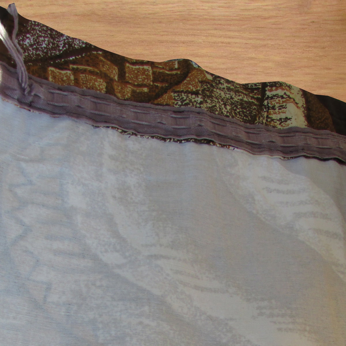 1960s brown & ochre geometric swirl roundel fabric, 46" x 82"