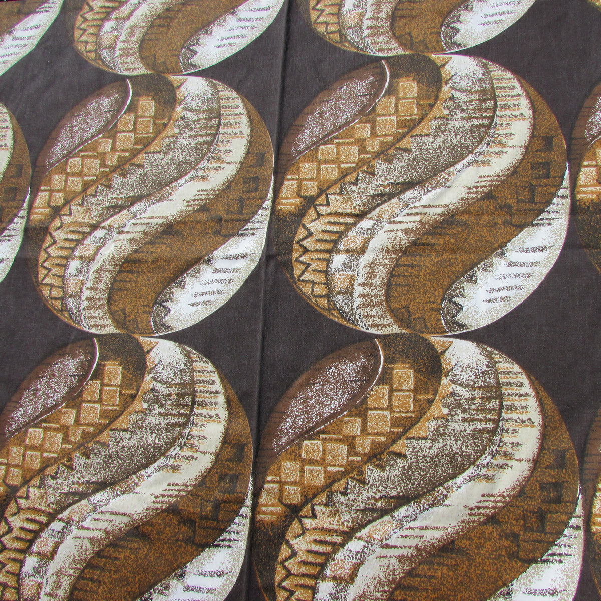 1960s brown & ochre geometric swirl roundel fabric, 46" x 82"