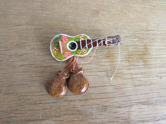 Vintage wooden hand-painted guitar brooch with castanets