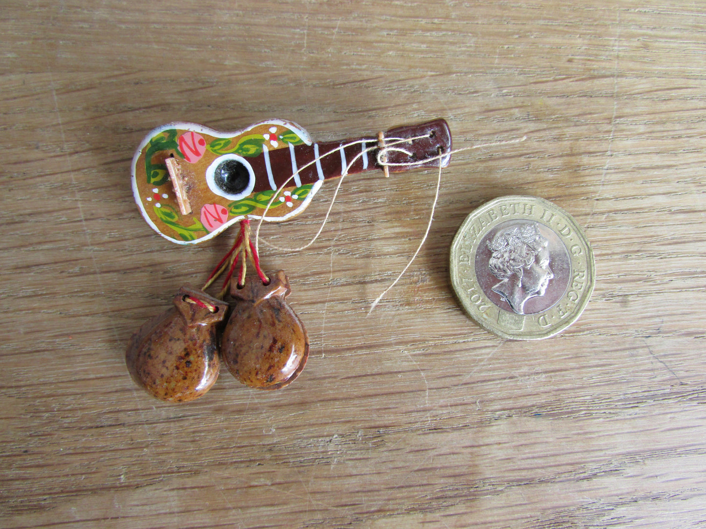 Vintage wooden hand-painted guitar brooch with castanets