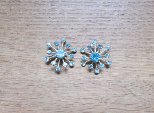 1950s silver-tone & aqua glass rhinestone starburst clip-on earrings