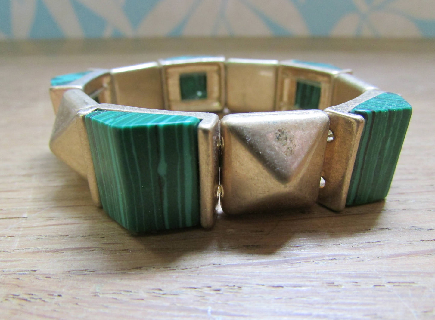 1960s Malachite & plastic gold-tone stretch bracelet