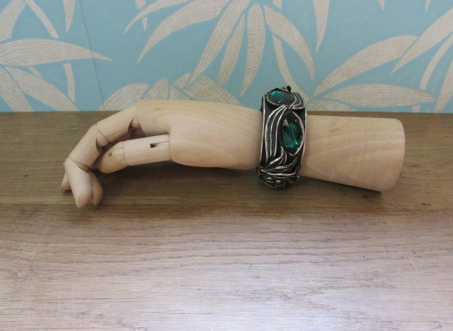 1960s/70s Art Nouveau-style clamper bracelet with green glass stones