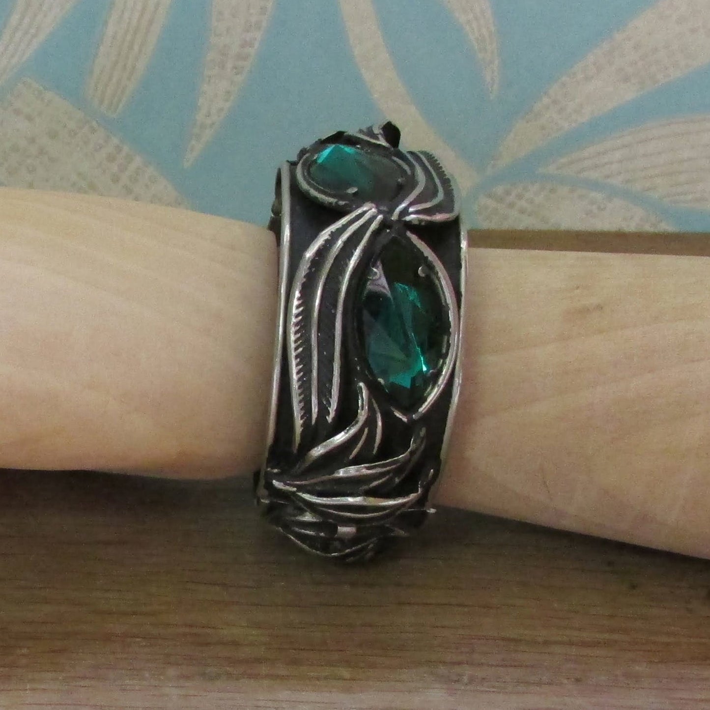 1960s/70s Art Nouveau-style clamper bracelet with green glass stones