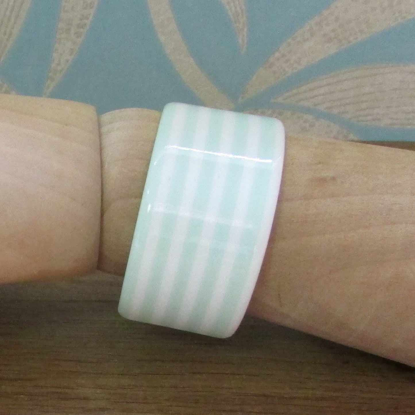 circa. 1980s mint green & white striped plastic open cuff bangle