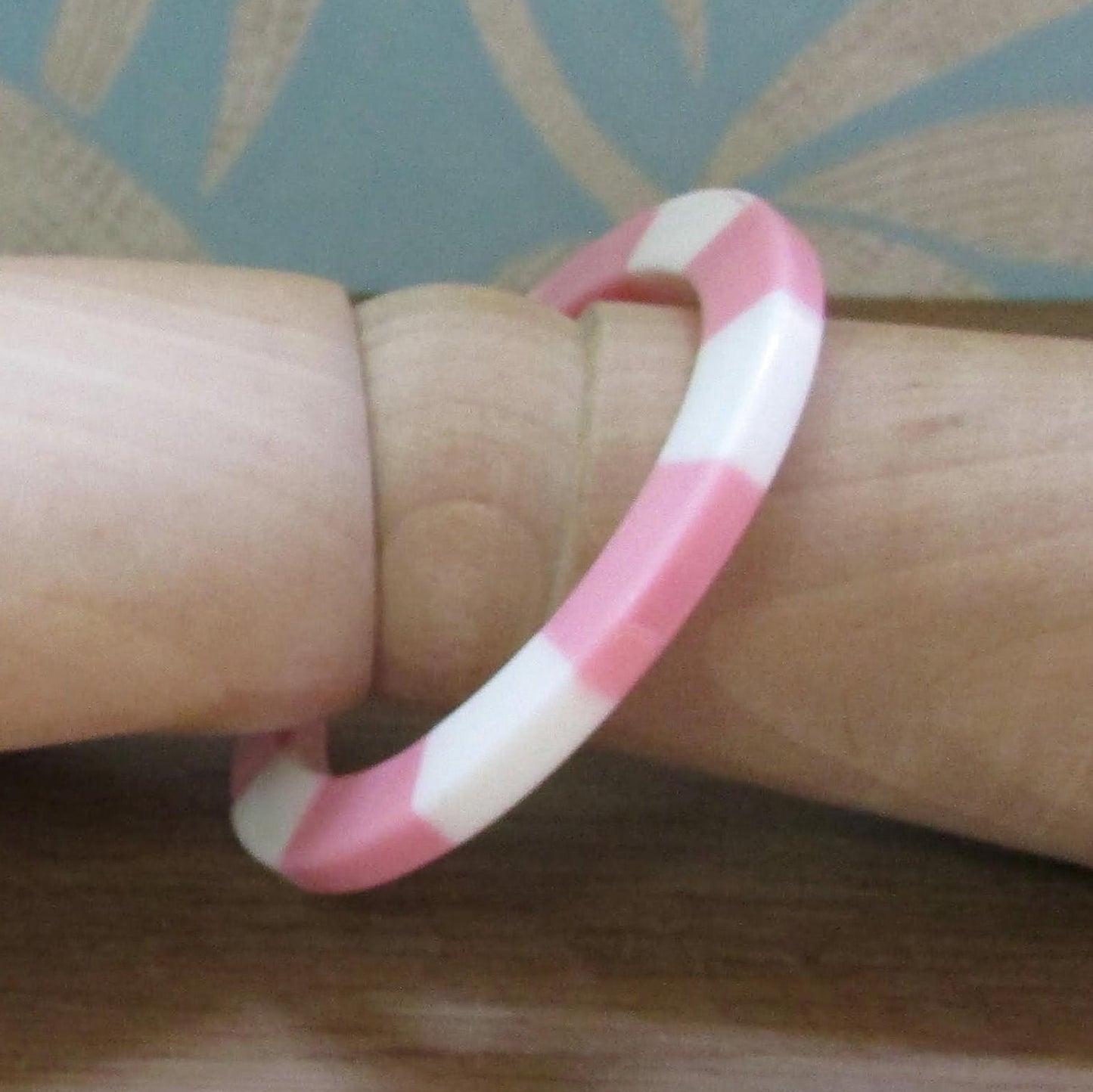 1960s pastel pink & white striped colour block plastic bangle