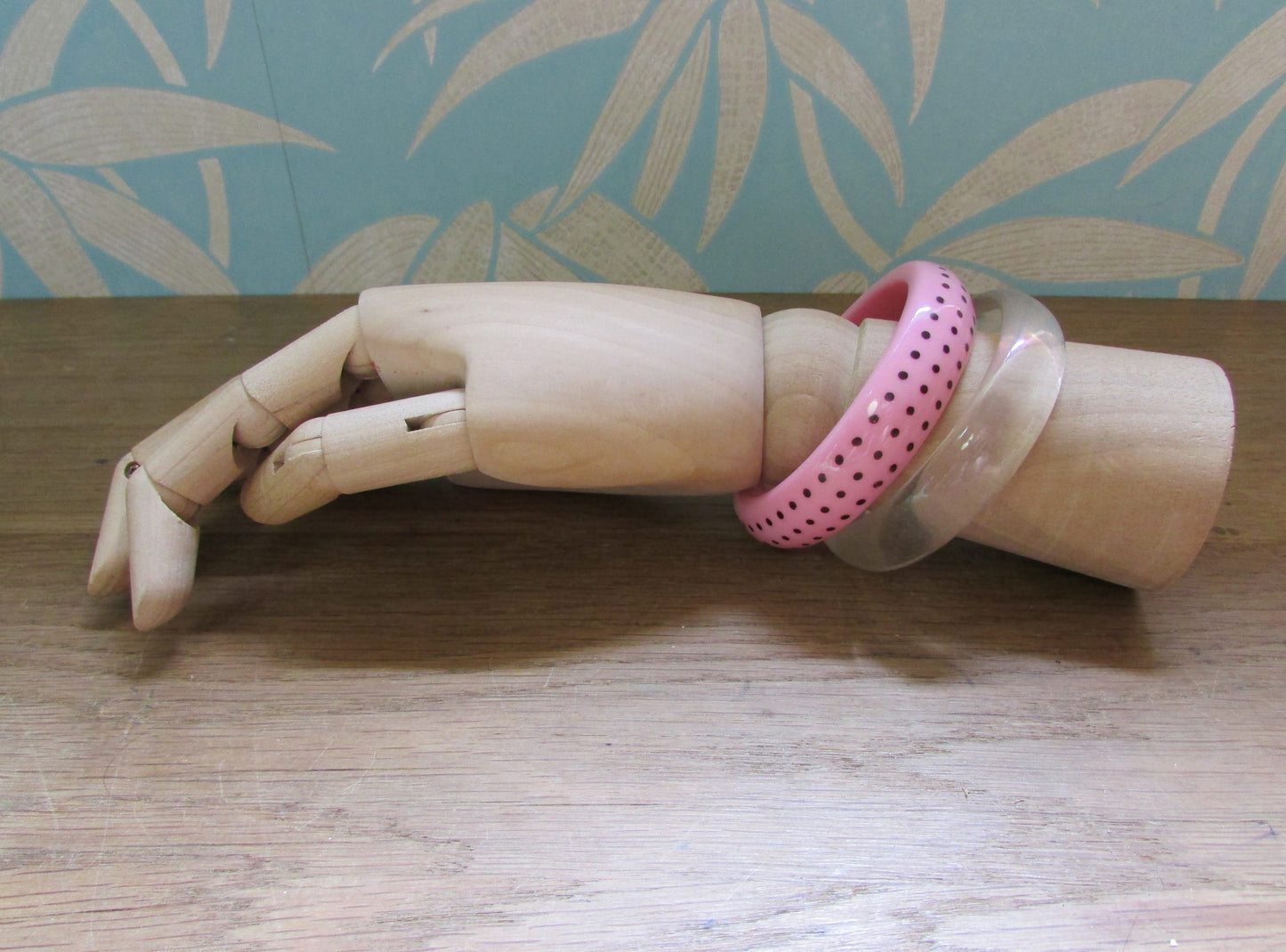 circa. 1980s clear translucent, and pink polka dot acrylic bangle set