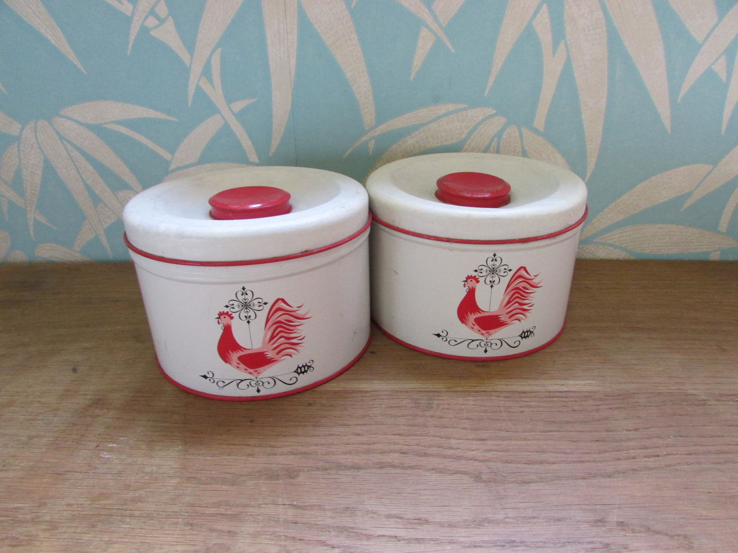 Pair of circa. 1940s Decoware USA cockerel cake tins