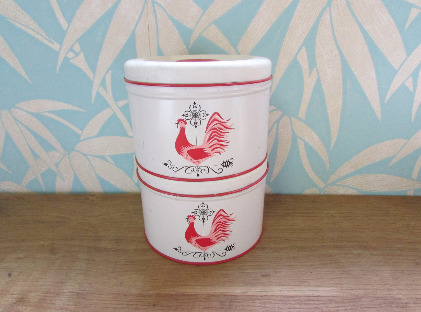 Pair of circa. 1940s Decoware USA cockerel cake tins