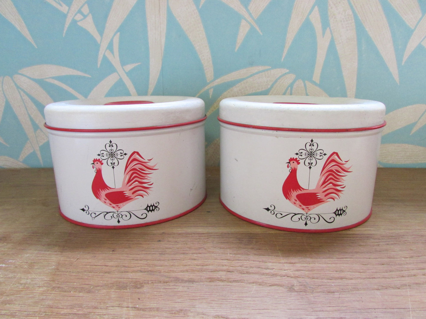 Pair of circa. 1940s Decoware USA cockerel cake tins