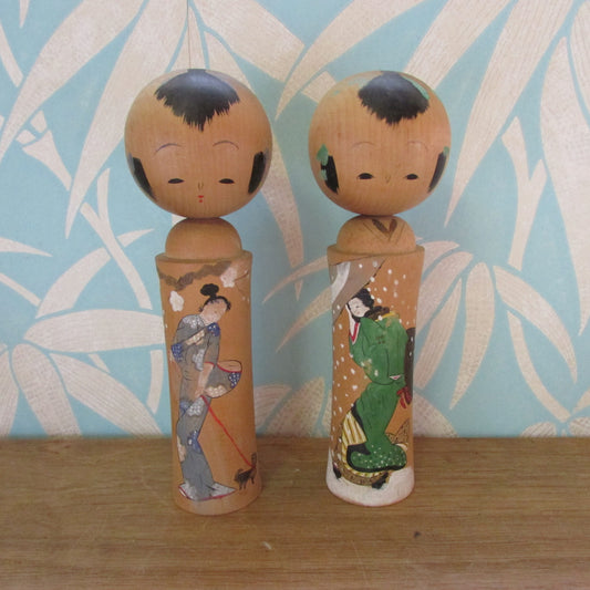 Vintage handmade traditional wooden Kokeshi doll, two designs