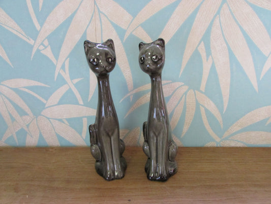 Pair of unusual mid-century grey/charcoal ceramic long-necked scoop head cat vases