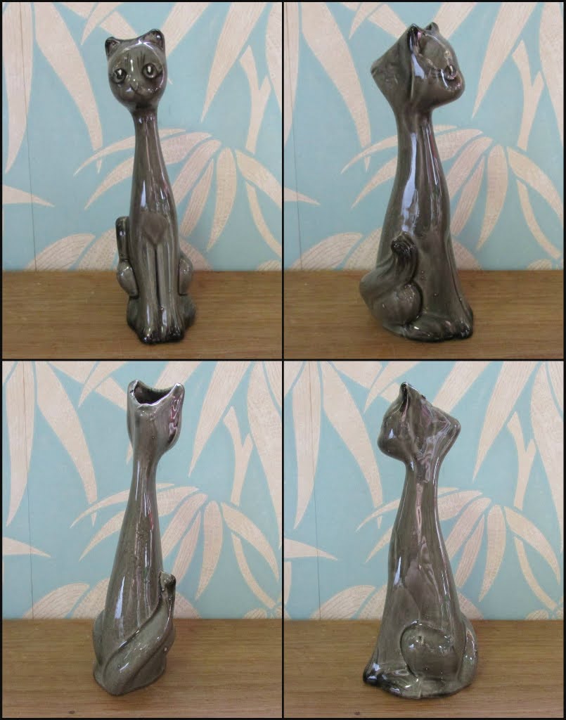 Pair of unusual mid-century grey/charcoal ceramic long-necked scoop head cat vases