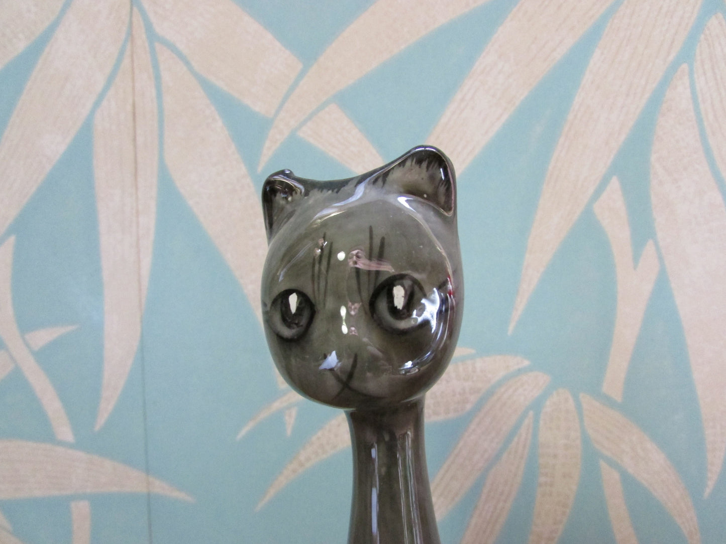 Pair of unusual mid-century grey/charcoal ceramic long-necked scoop head cat vases