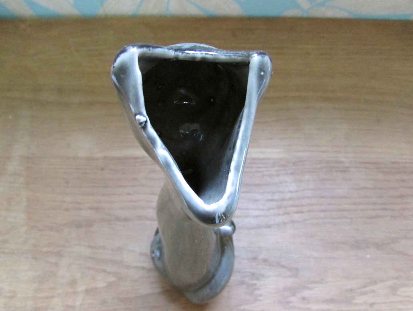 Pair of unusual mid-century grey/charcoal ceramic long-necked scoop head cat vases