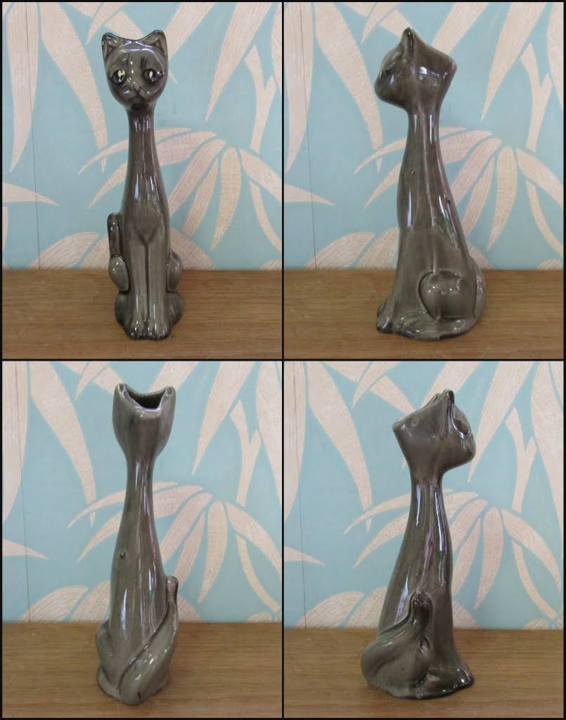 Pair of unusual mid-century grey/charcoal ceramic long-necked scoop head cat vases