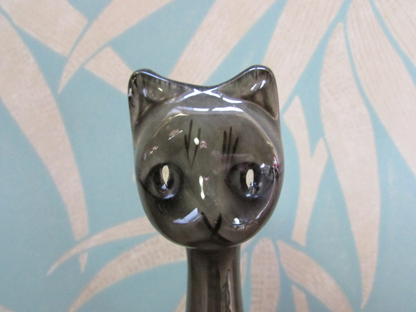 Pair of unusual mid-century grey/charcoal ceramic long-necked scoop head cat vases
