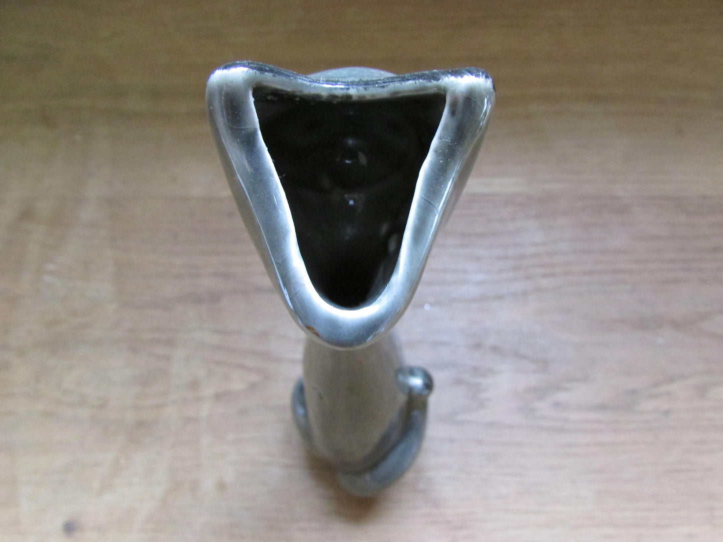 Pair of unusual mid-century grey/charcoal ceramic long-necked scoop head cat vases