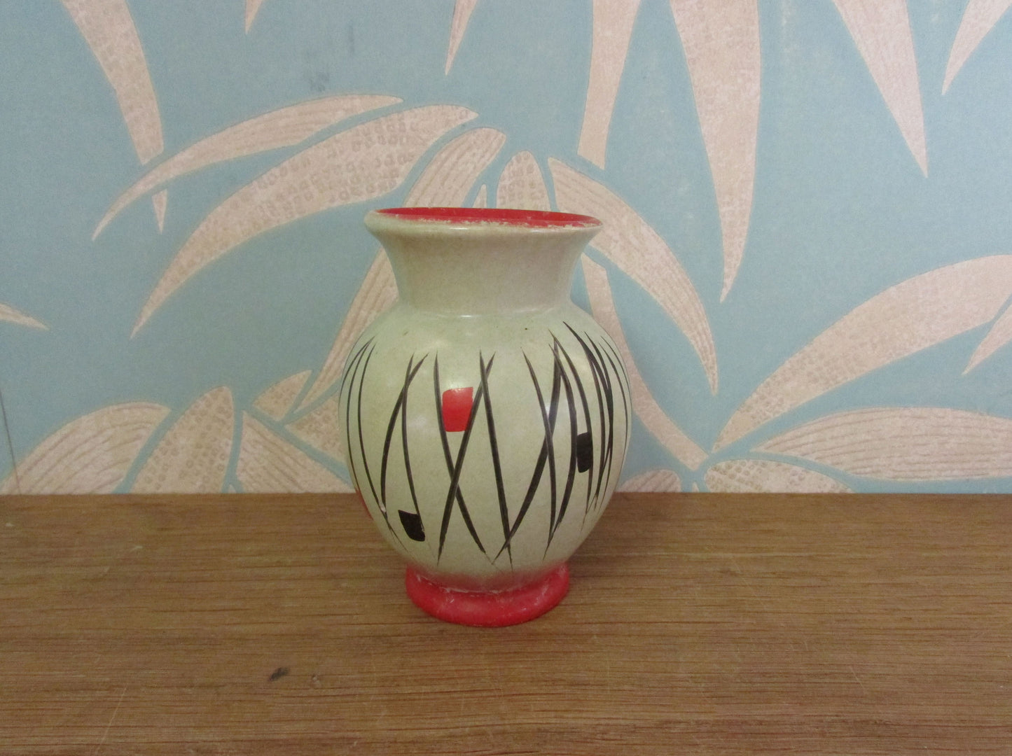 1950s Scheurich Keramik 214-10 grey/red/black abstract pattern posy vase