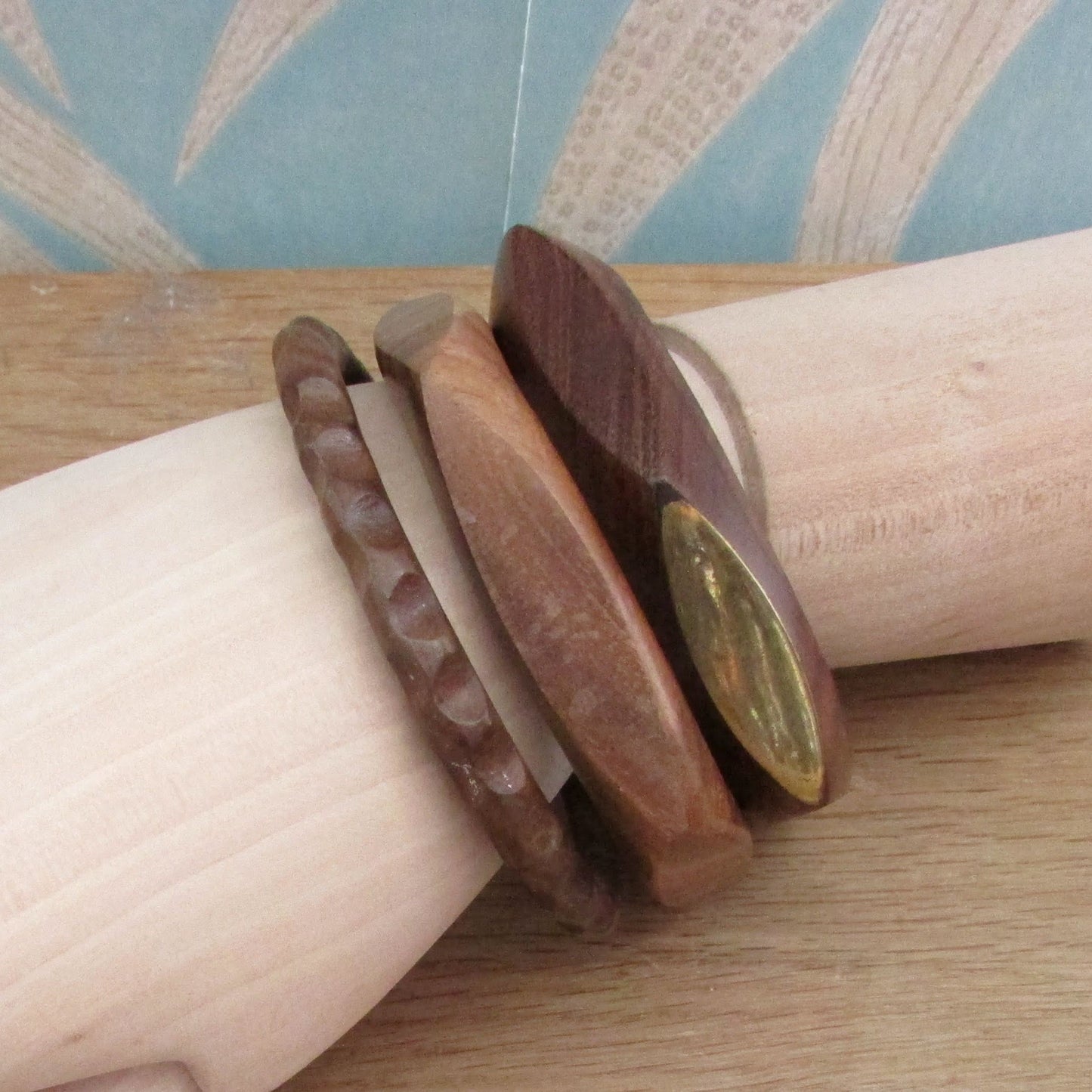 Set of three 1970s hand carved wooden bangles