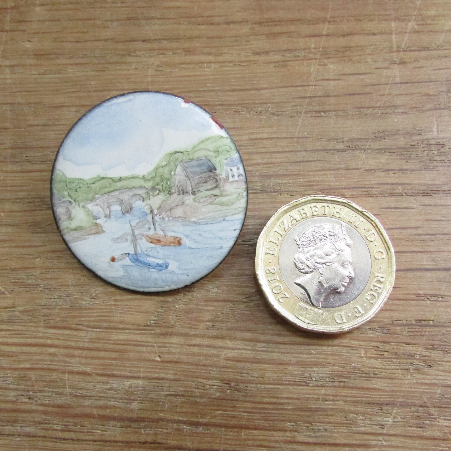 1970s hand-painted enamel scenic landscape brooch
