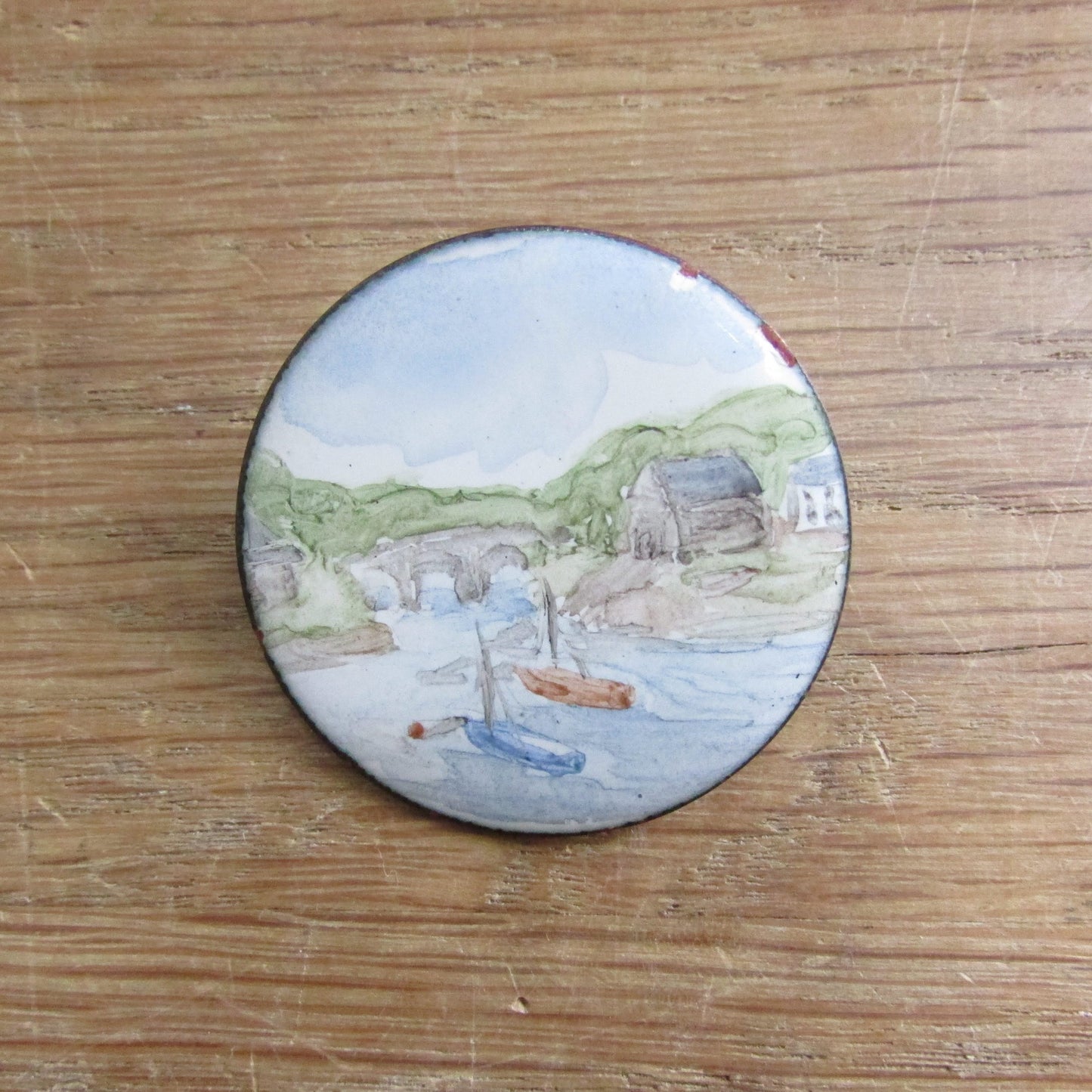 1970s hand-painted enamel scenic landscape brooch