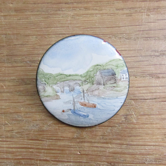 1970s hand-painted enamel scenic landscape brooch