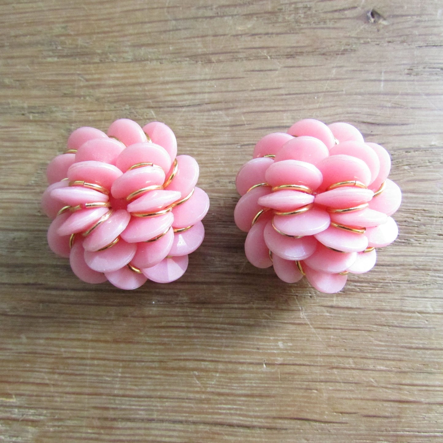 1960s pink plastic flower cluster clip-on earrings with gold-tone accents