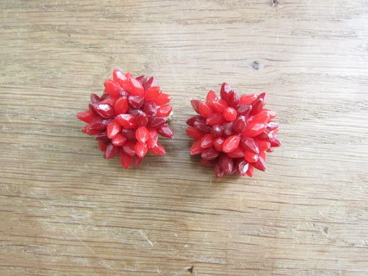 1950s red/cranberry plastic cluster faceted bead flower clip-on earrings