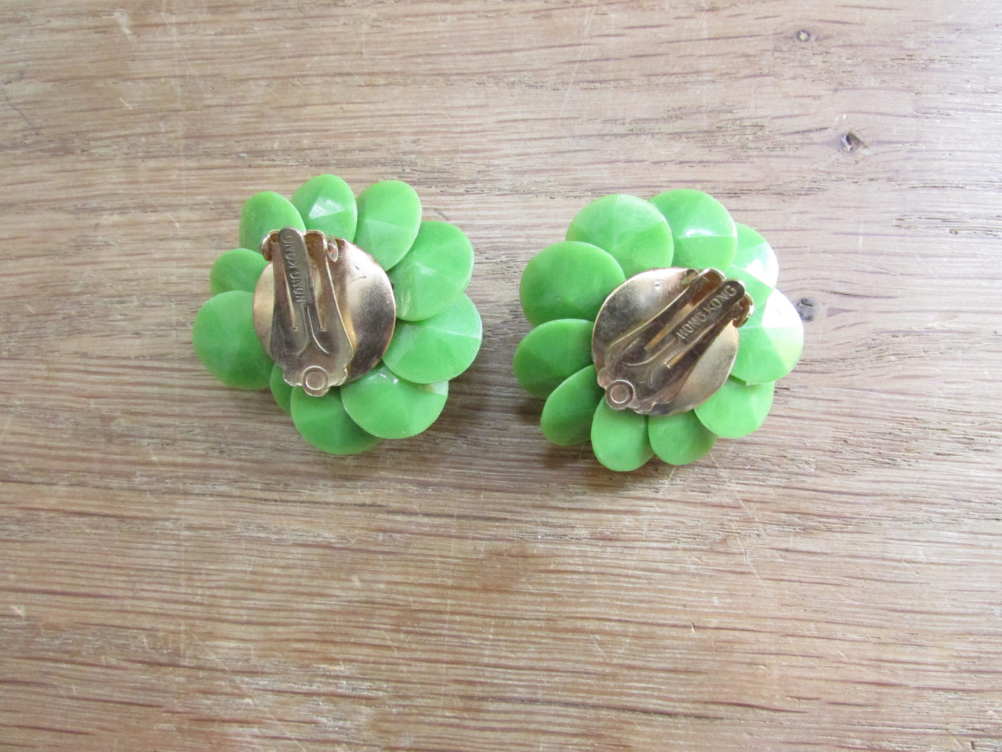 1960s large plastic lime green cluster flower clip-on earrings